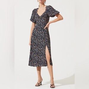 Astr Navy Floral Midi Dress with Slit